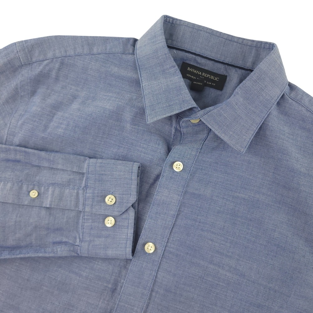 Banana Republic Dress Shirt Mens L Chambray Blue Solid Slim Fit Non Iron Cotton